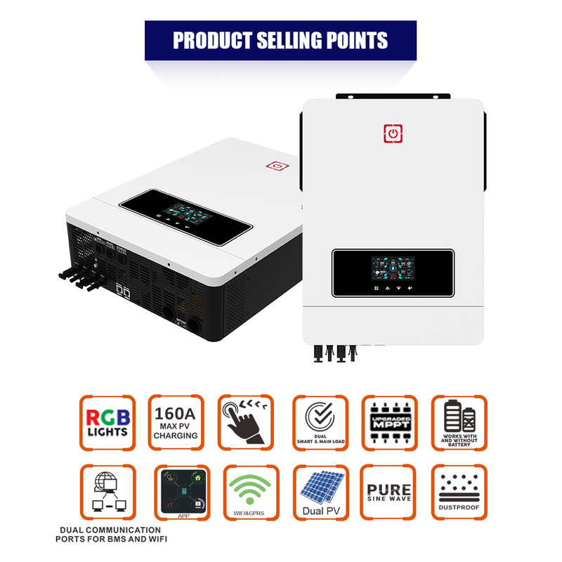 Double entrée PV de haute qualité RS485/232 avec contrôleur MPPT 160A marche/arrêt réseau 10,2 KW pour maison utilisant un onduleur solaire